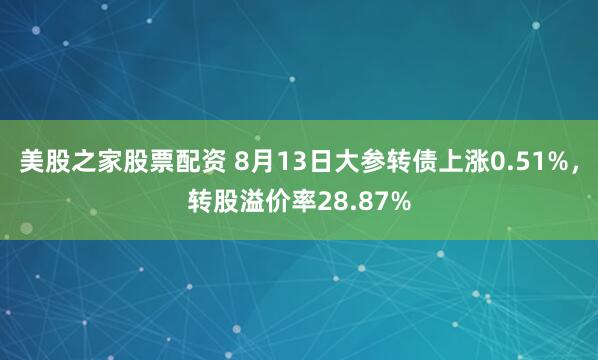 美股之家股票配资 8月13日大参转债上涨0.51%，转股溢价率28.87%